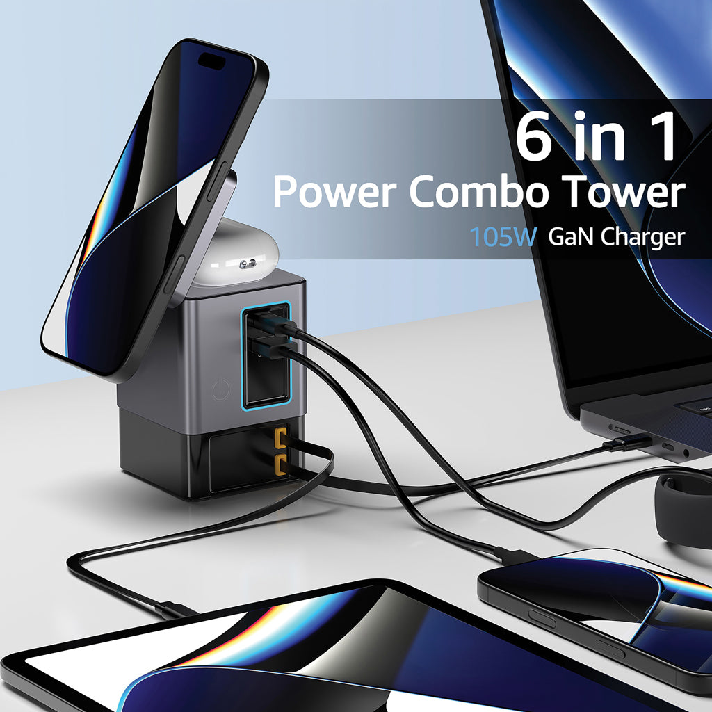 Urban Vitamin Sacramento 105W GAN charger+retractable cables - Grey