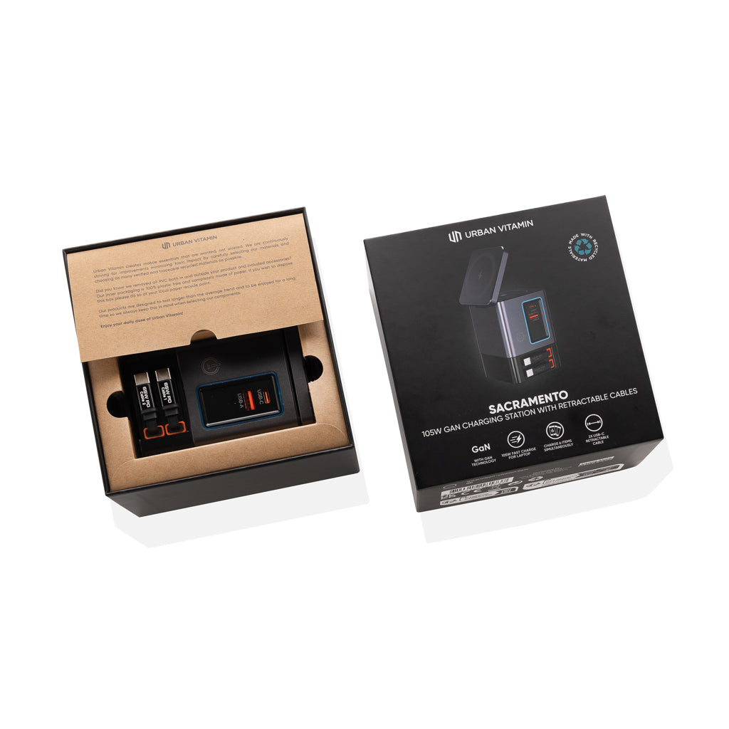 Urban Vitamin Sacramento 105W GAN charger+retractable cables - Grey