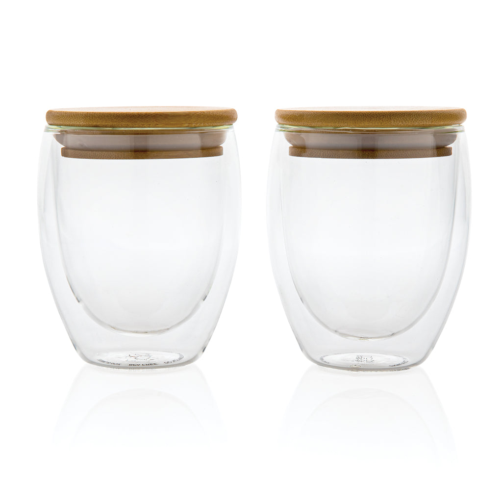 Double wall borosilicate glass with bamboo lid 250ml 2pc set - Transparent