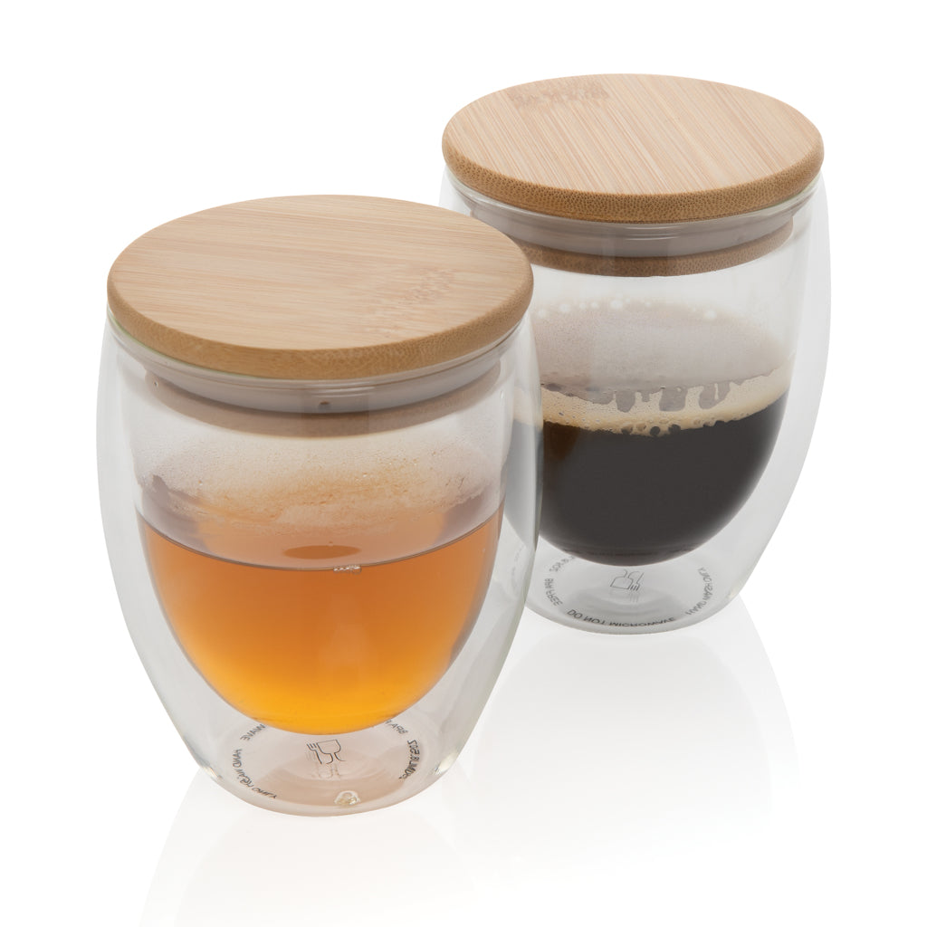 Double wall borosilicate glass with bamboo lid 250ml 2pc set - Transparent