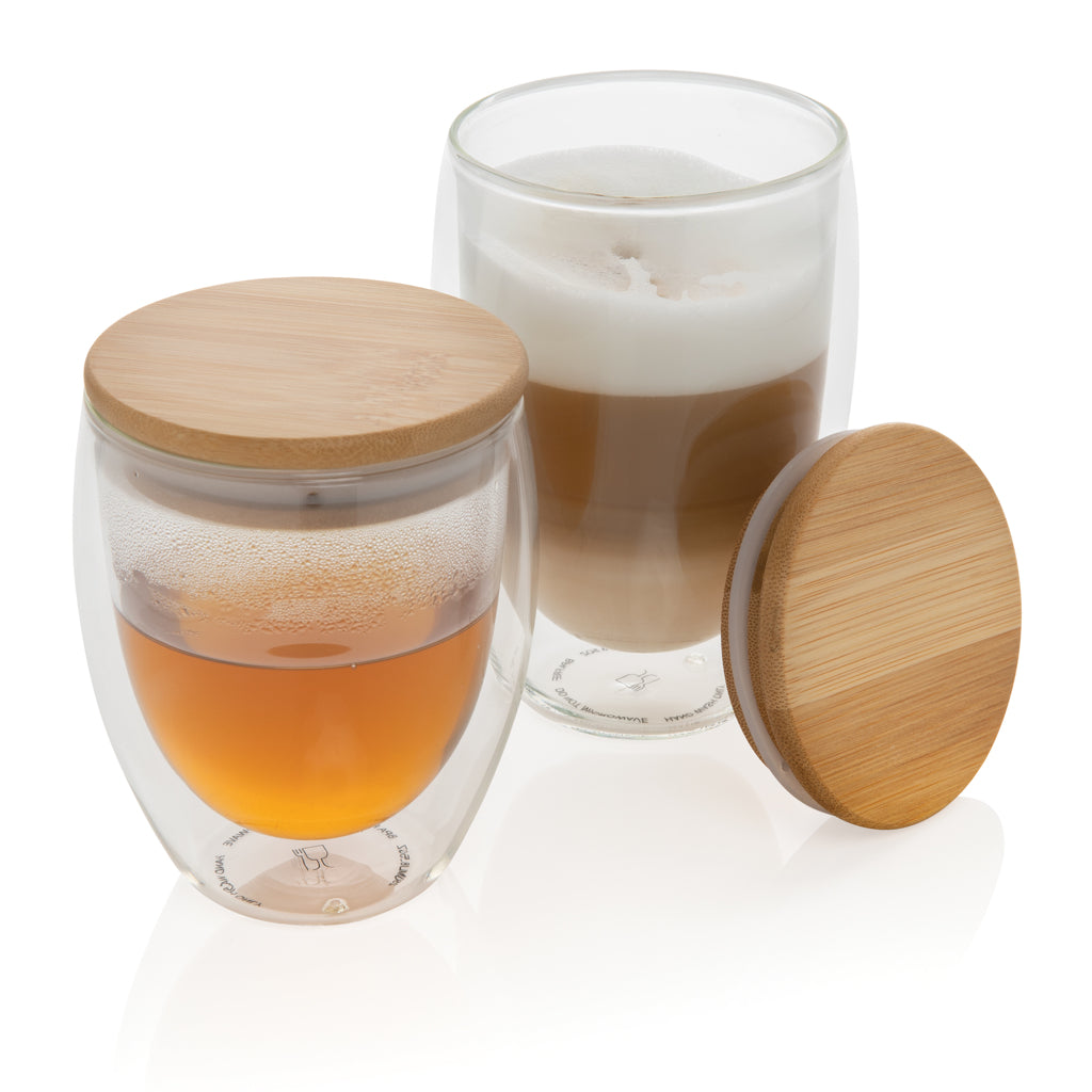 Double wall borosilicate glass with bamboo lid 250ml 2pc set - Transparent
