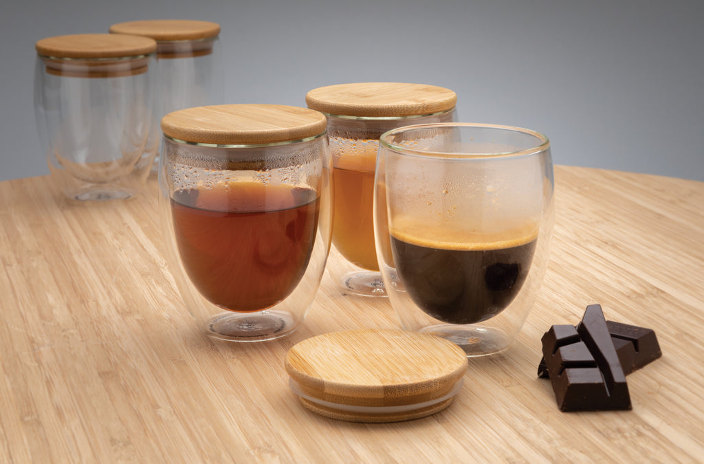Double wall borosilicate glass with bamboo lid 250ml 2pc set - Transparent