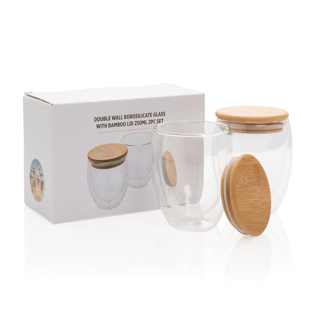 Double wall borosilicate glass with bamboo lid 250ml 2pc set - Transparent