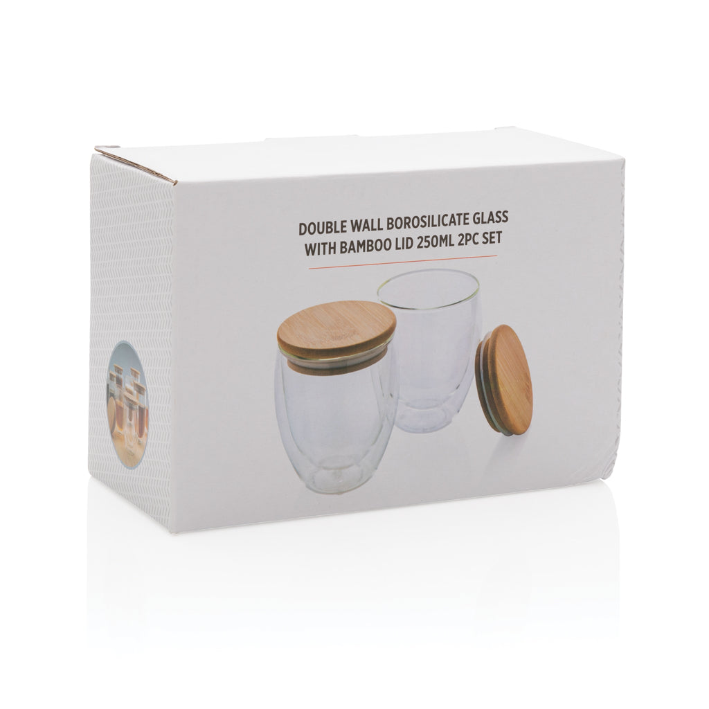 Double wall borosilicate glass with bamboo lid 250ml 2pc set - Transparent