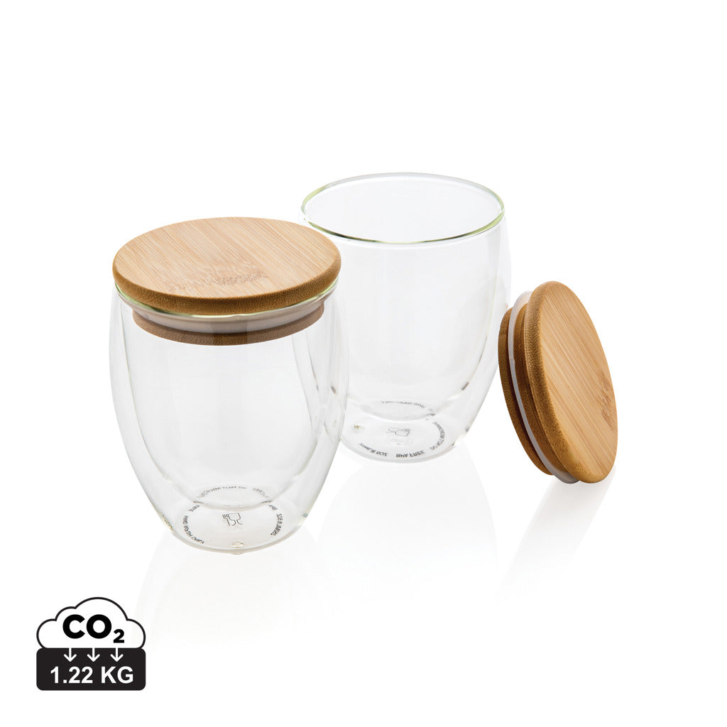 Double wall borosilicate glass with bamboo lid 250ml 2pc set - Transparent