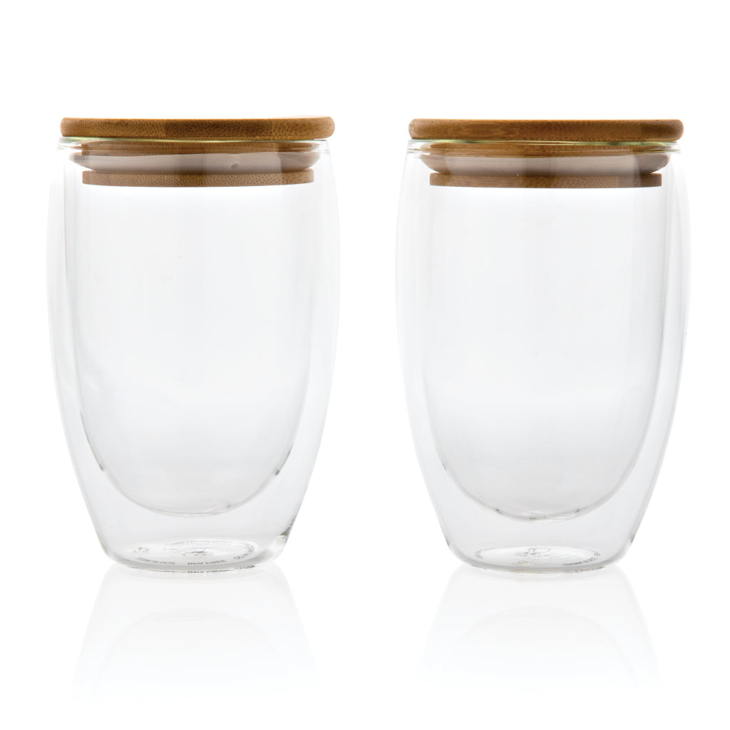 Double wall borosilicate glass with bamboo lid 350ml 2pc set - Transparent