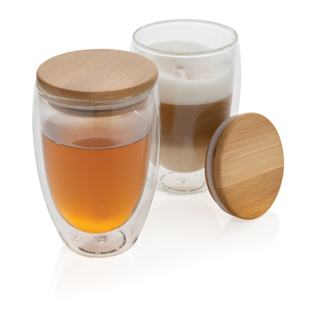 Double wall borosilicate glass with bamboo lid 350ml 2pc set - Transparent