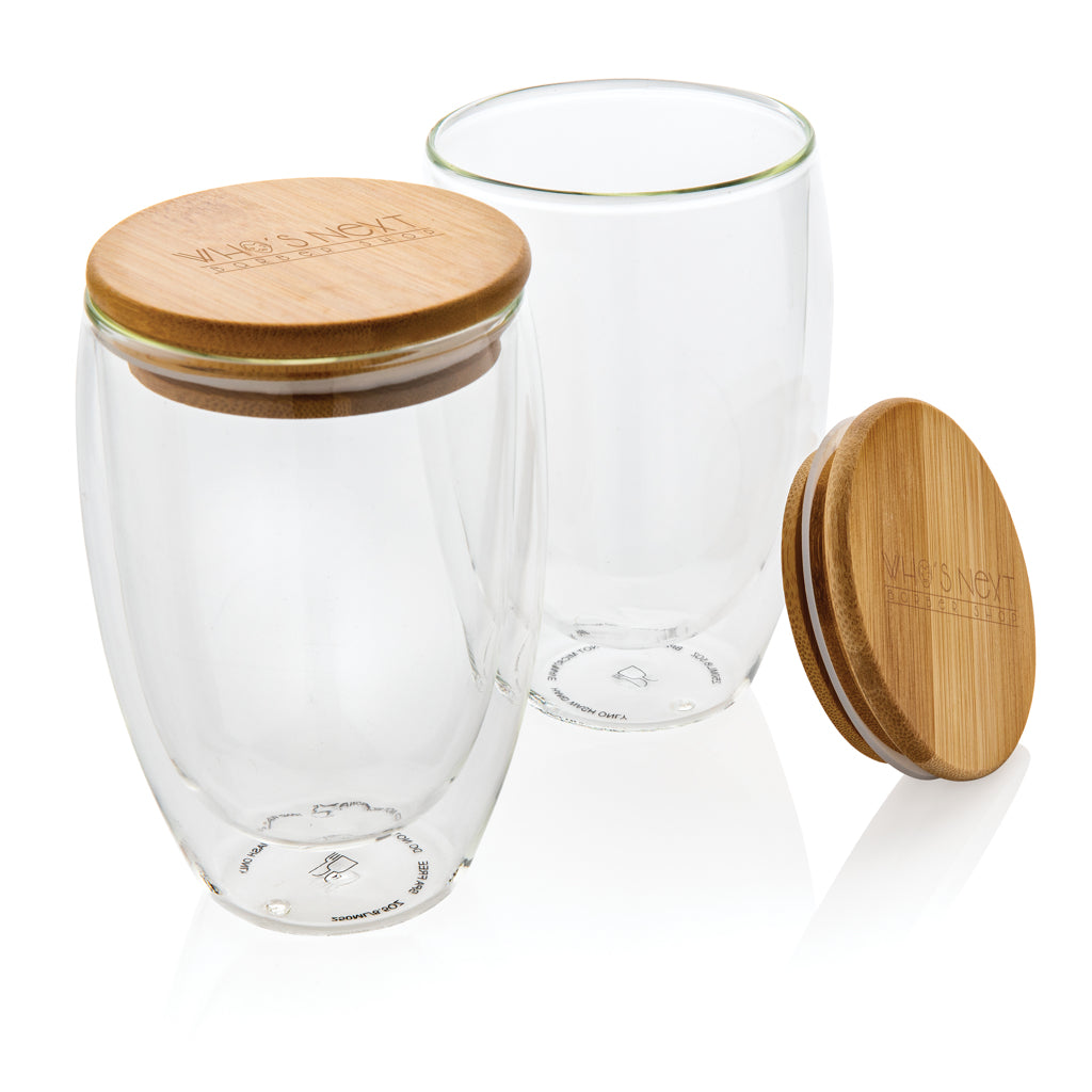 Double wall borosilicate glass with bamboo lid 350ml 2pc set - Transparent