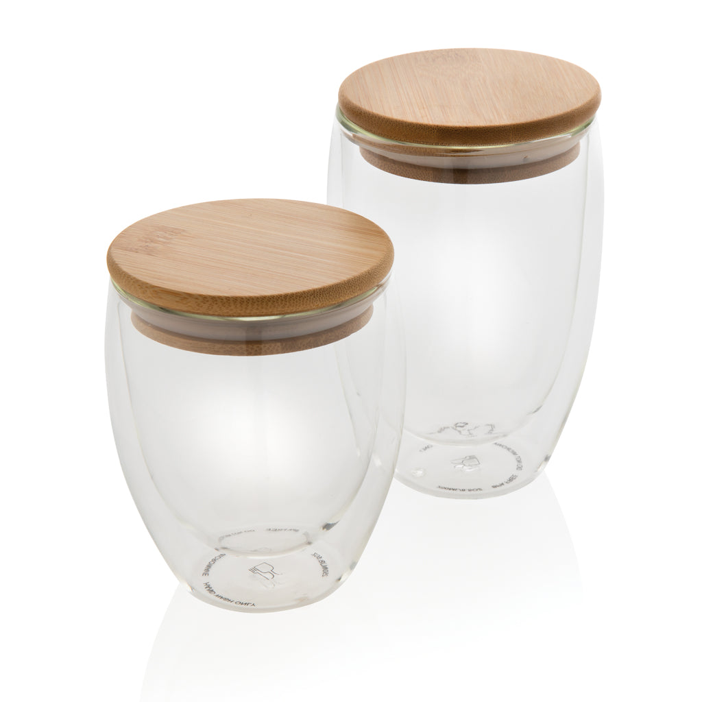 Double wall borosilicate glass with bamboo lid 350ml 2pc set - Transparent