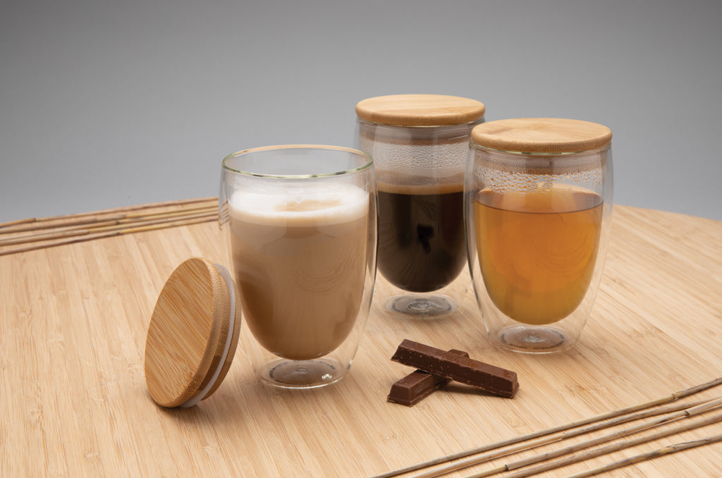 Double wall borosilicate glass with bamboo lid 350ml 2pc set - Transparent