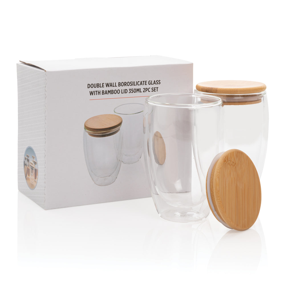 Double wall borosilicate glass with bamboo lid 350ml 2pc set - Transparent
