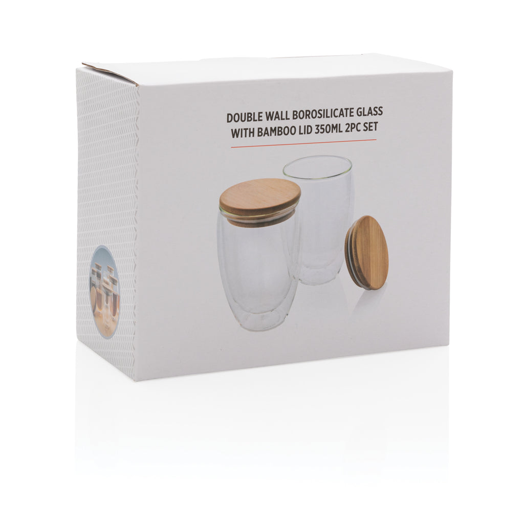 Double wall borosilicate glass with bamboo lid 350ml 2pc set - Transparent