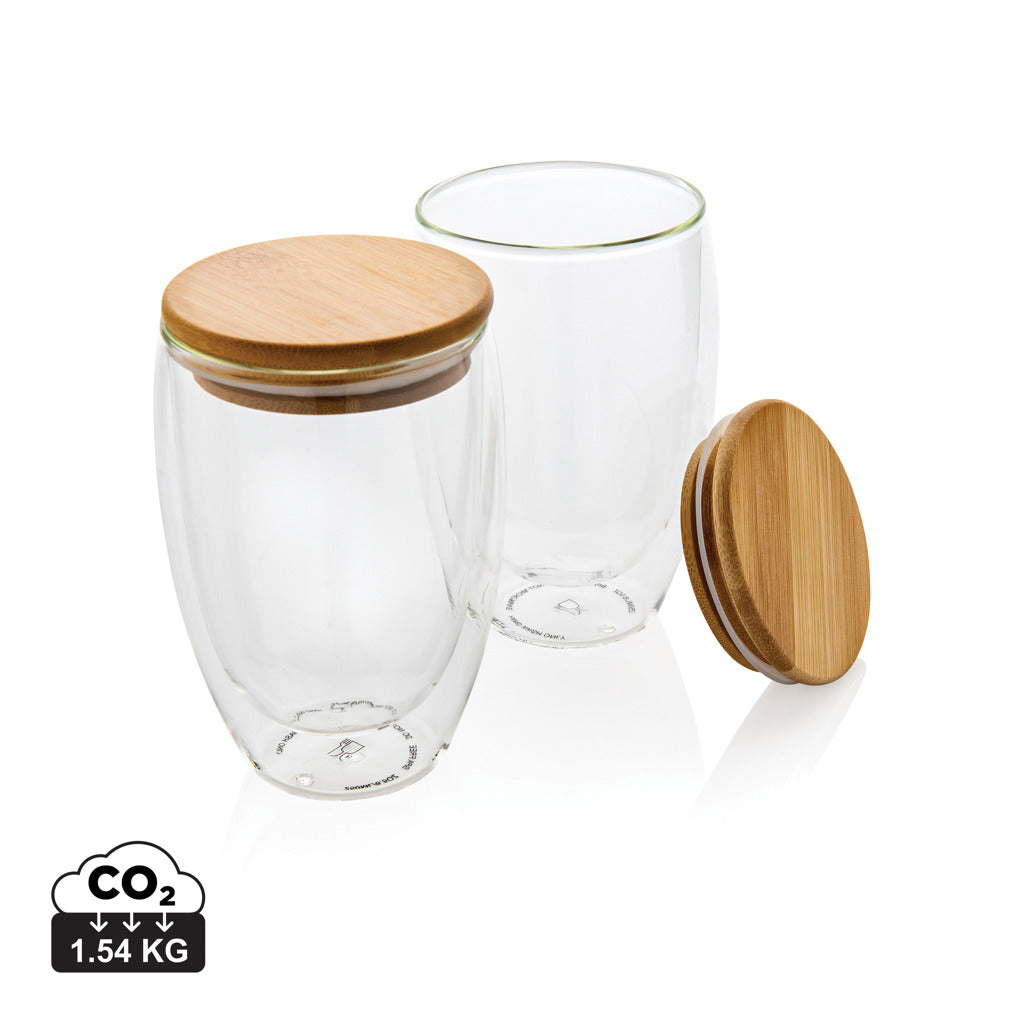 Double wall borosilicate glass with bamboo lid 350ml 2pc set - Transparent