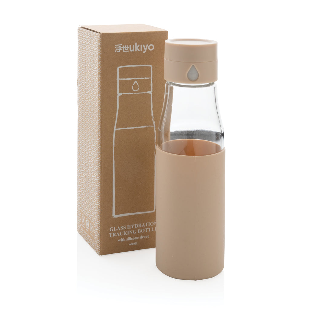 Ukiyo glass hydration tracking bottle with sleeve - Brown