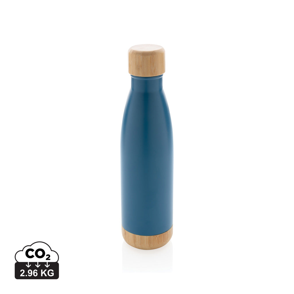 Vacuum stainless steel bottle with bamboo lid and bottom - Blue