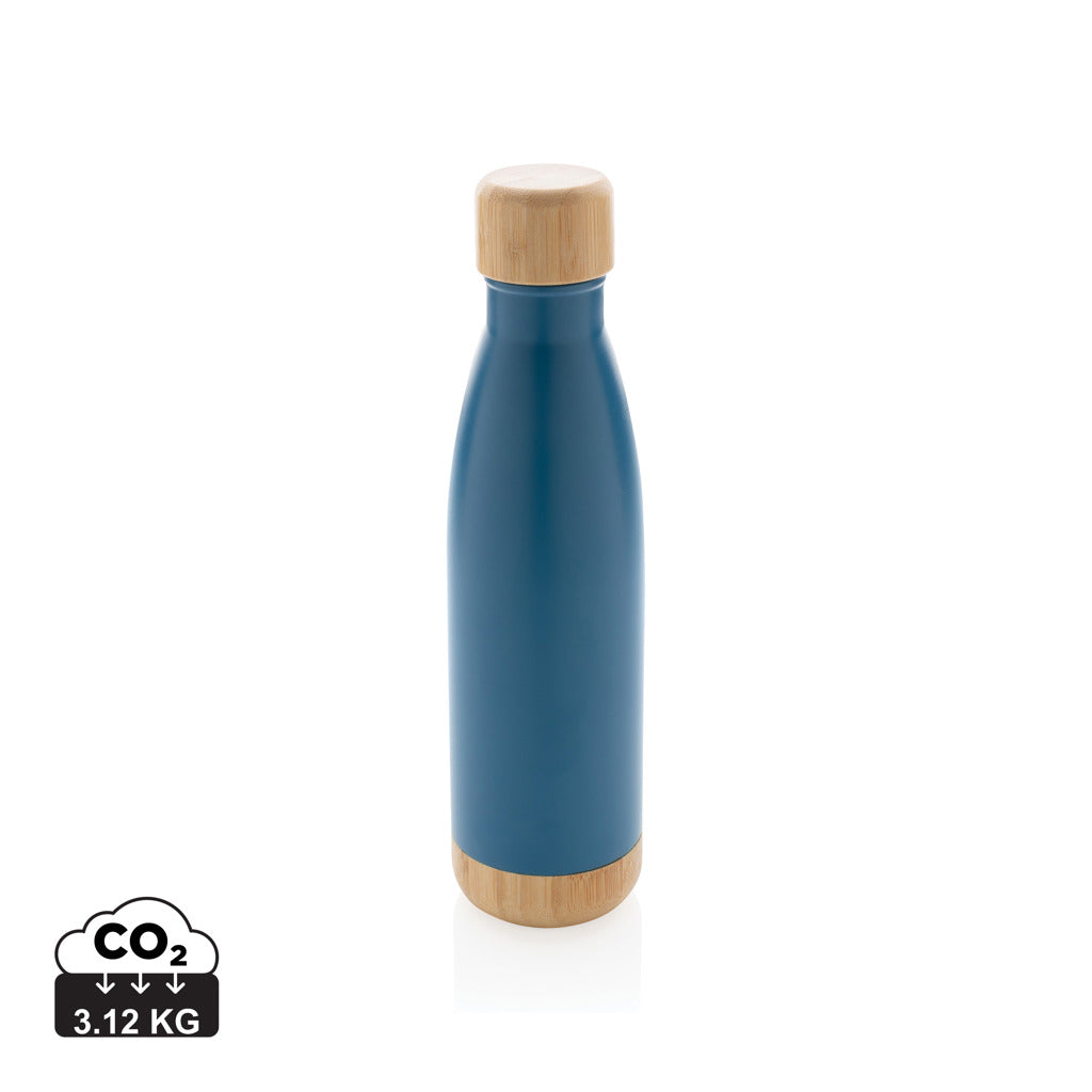 Vacuum stainless steel bottle with bamboo lid and bottom - Blue