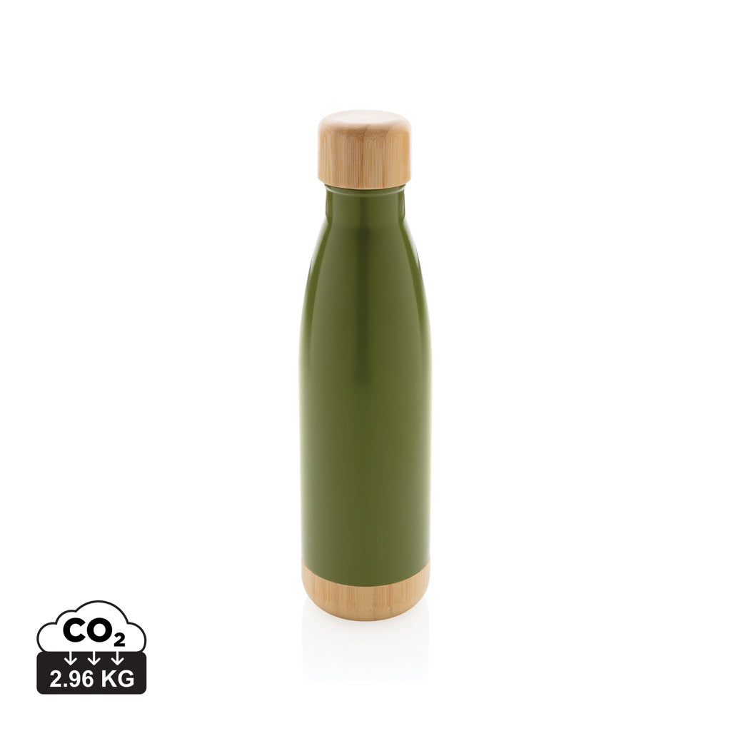 Vacuum stainless steel bottle with bamboo lid and bottom - Green