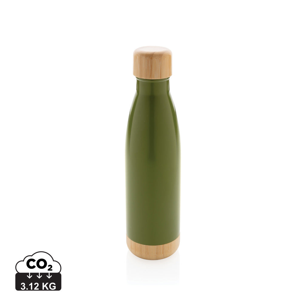 Vacuum stainless steel bottle with bamboo lid and bottom - Green