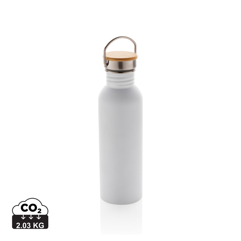 Modern stainless steel bottle with bamboo lid - White
