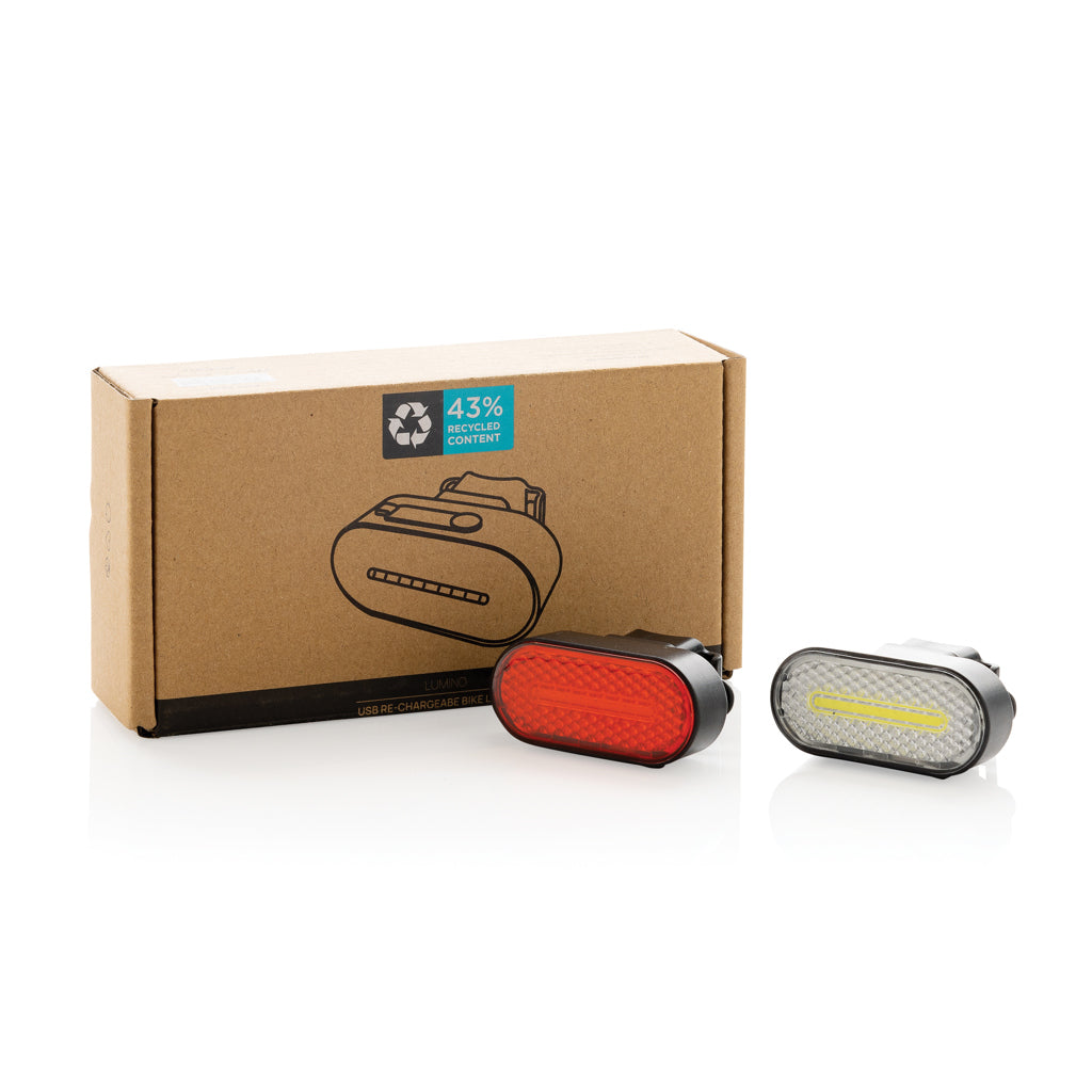 Lumino RCS recycled plastic USB re-chargeable bike light set - Black