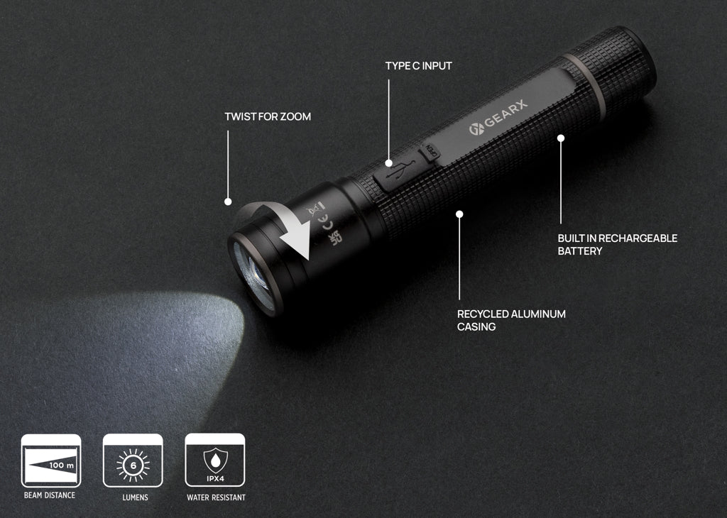 Gear X RCS recycled aluminium USB-rechargeable torch - Black