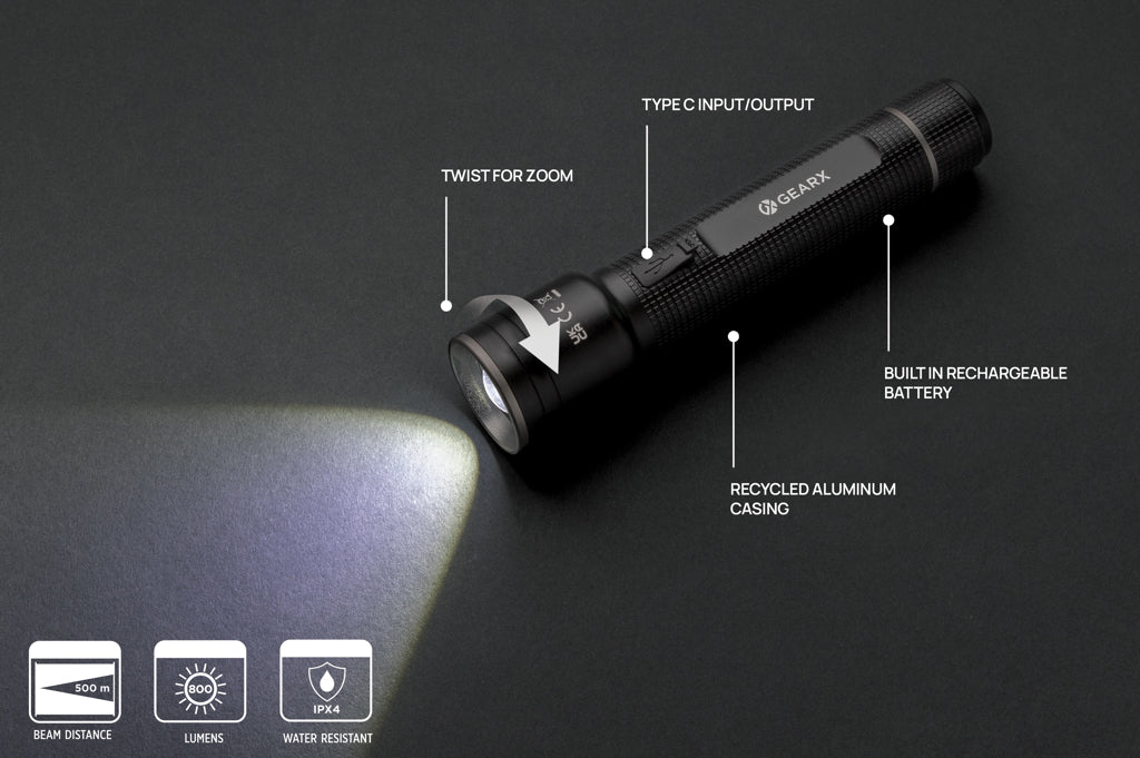 Gear X RCS recycled aluminium USB-rechargeable torch large - Black