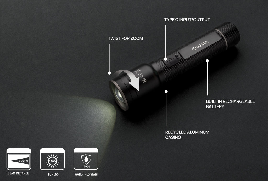 RCS recycled aluminium USB-rechargeable heavy duty torch - Black
