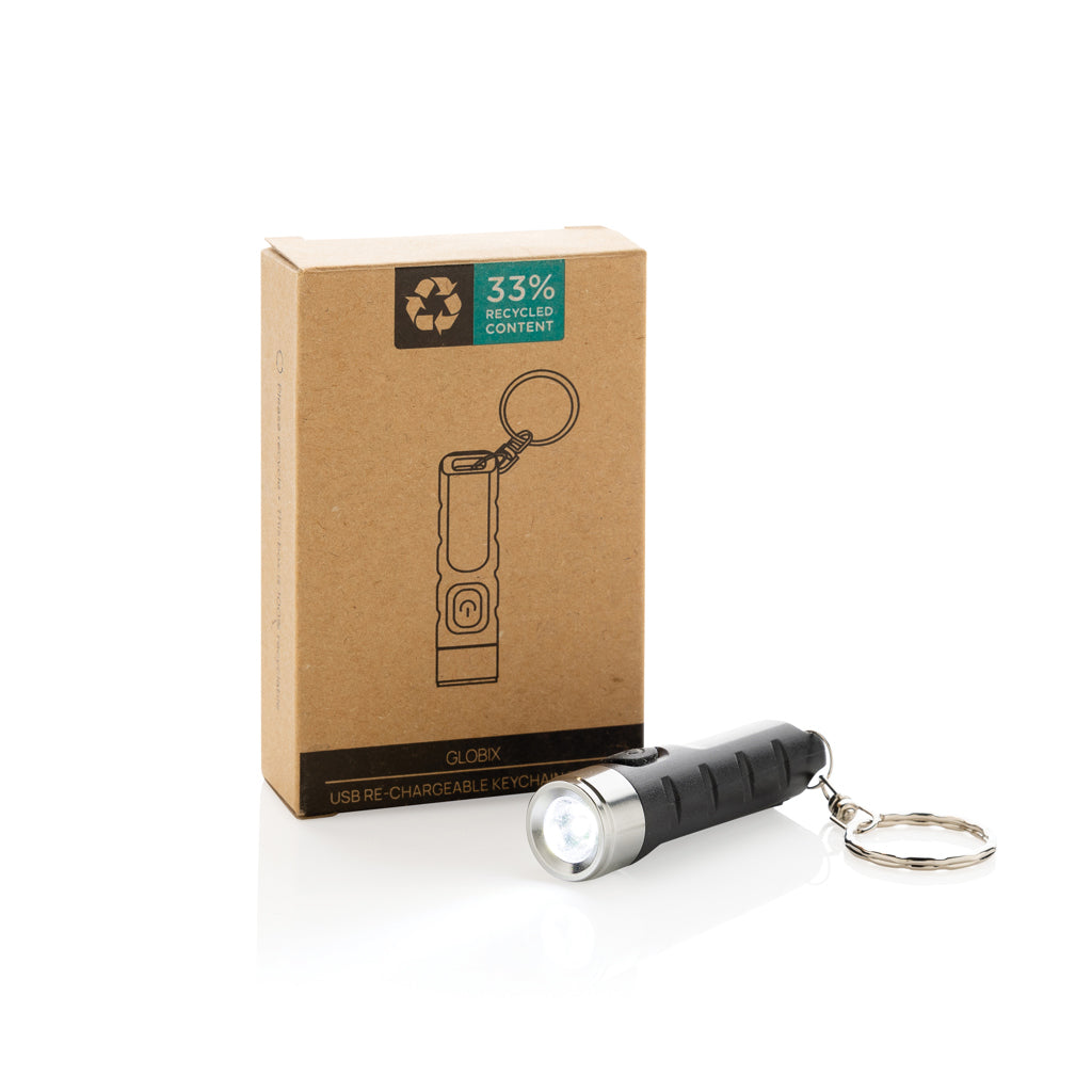 Globix RCS recycled plastic USB re-chargeable keychain torch - Black