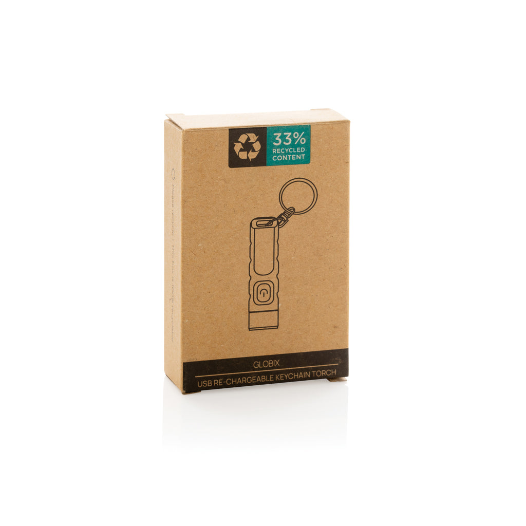 Globix RCS recycled plastic USB re-chargeable keychain torch - Black
