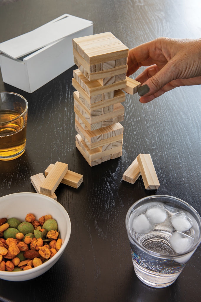 Deluxe tumbling tower wood block stacking game - White