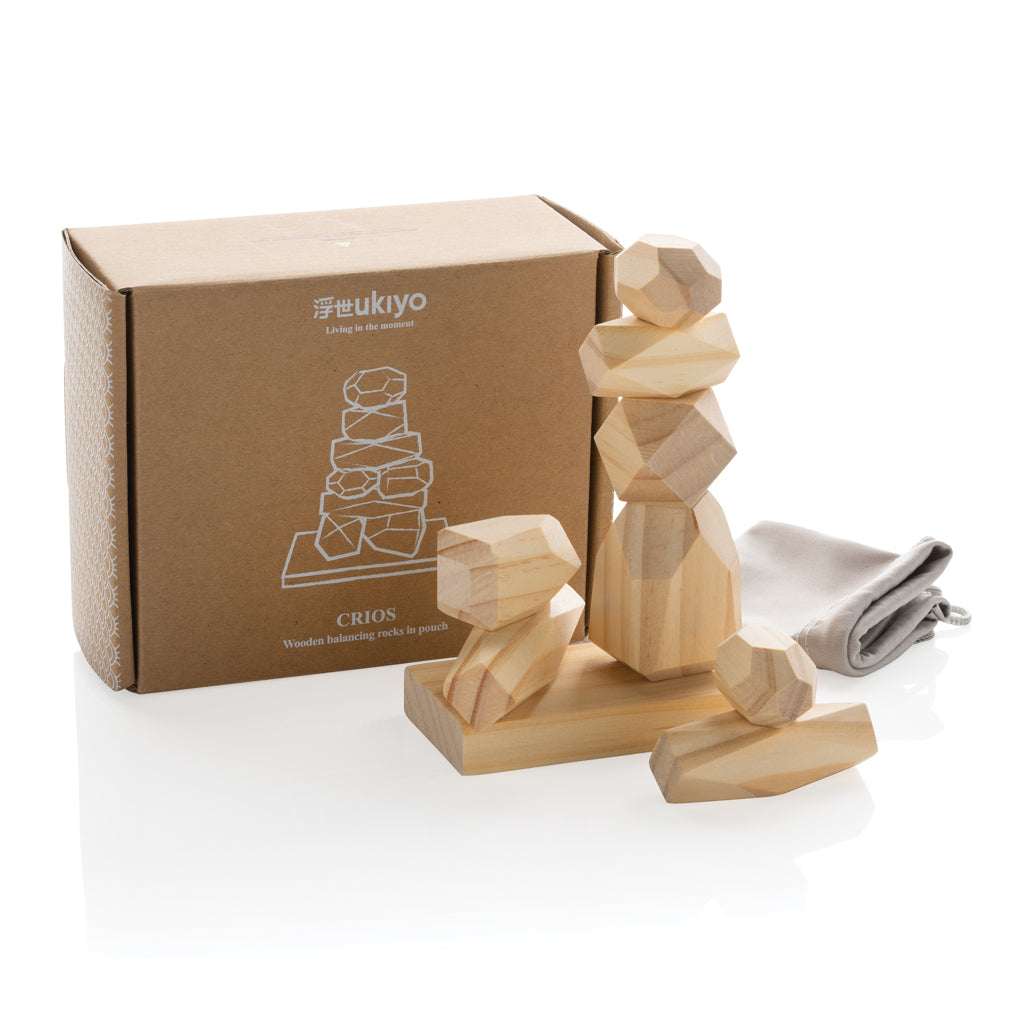 Ukiyo Crios wooden balancing rocks in pouch - Brown