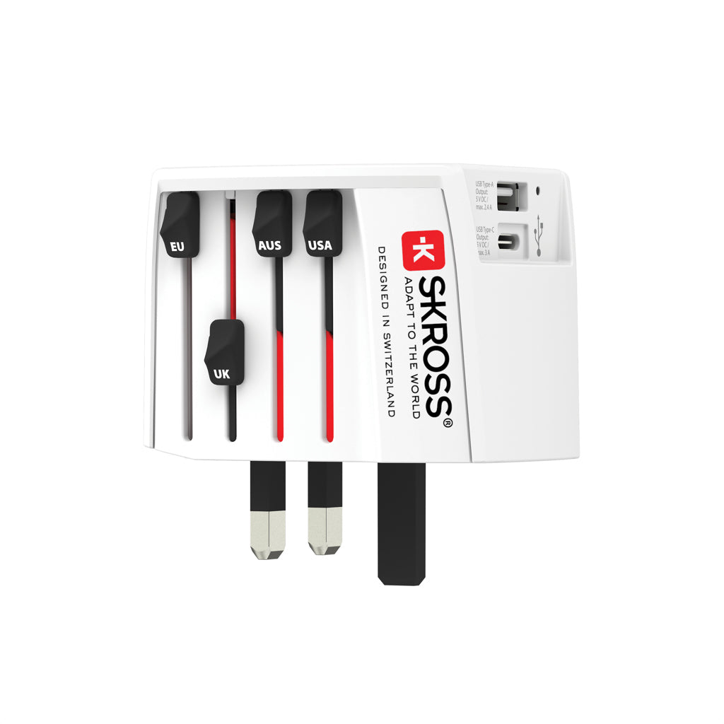 SKROSS World Travel Adapter MUV 2-pole with USB A and C - White