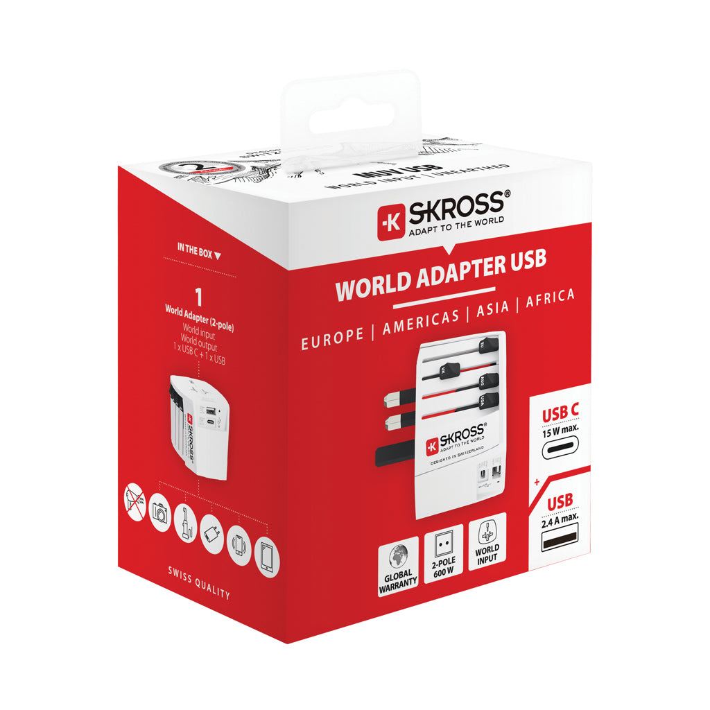 SKROSS World Travel Adapter MUV 2-pole with USB A and C - White