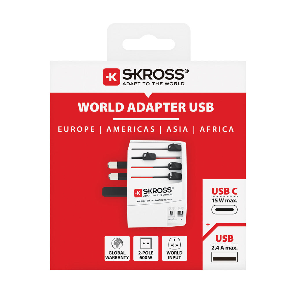 SKROSS World Travel Adapter MUV 2-pole with USB A and C - White