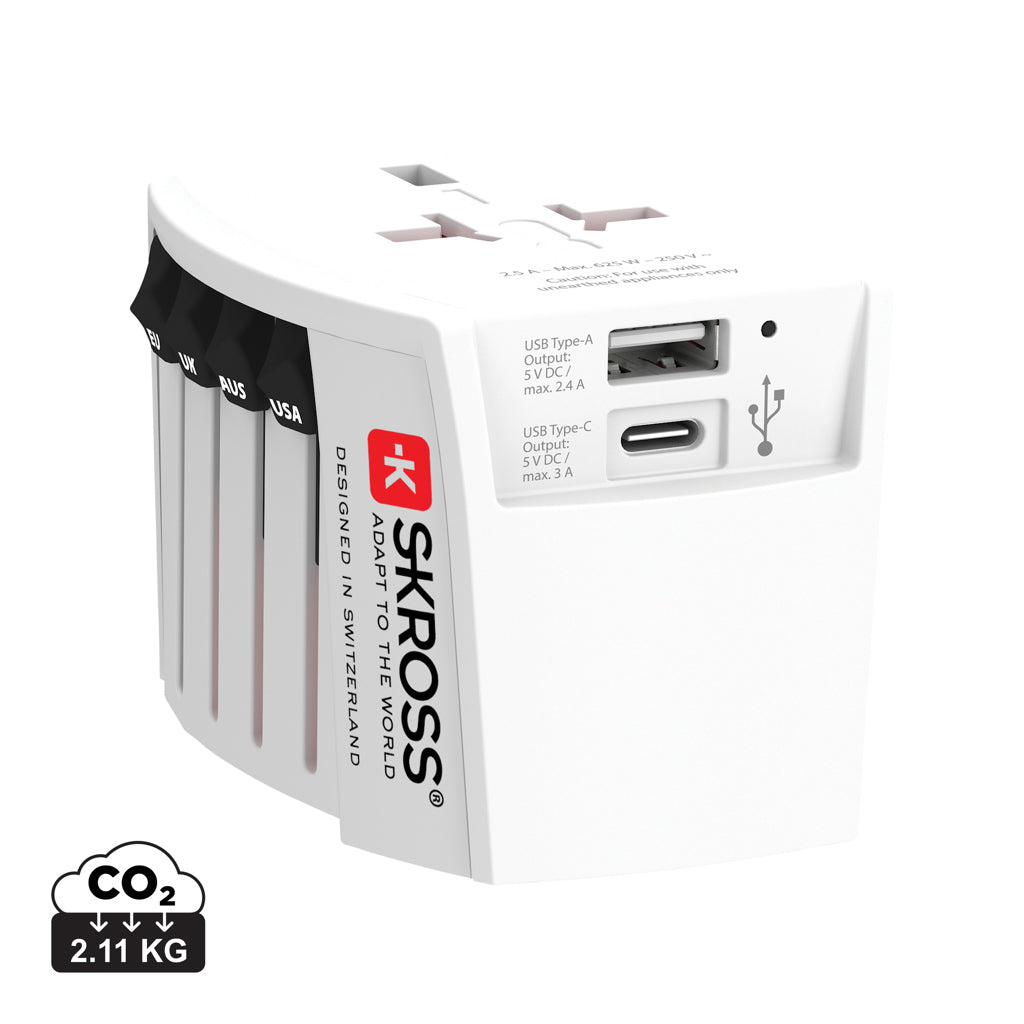 SKROSS World Travel Adapter MUV 2-pole with USB A and C - White