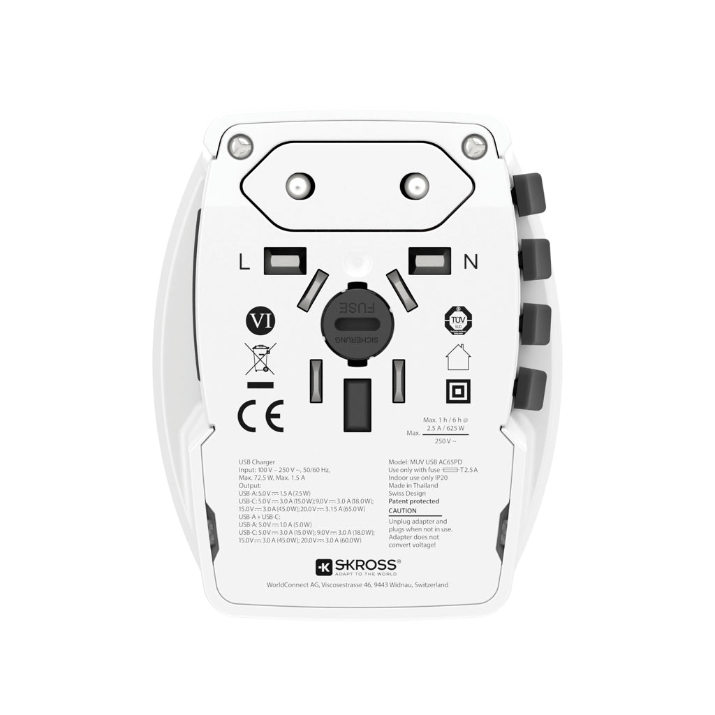 SKROSS World Travel Adapter MUV 65W PD with USB C Cable - White