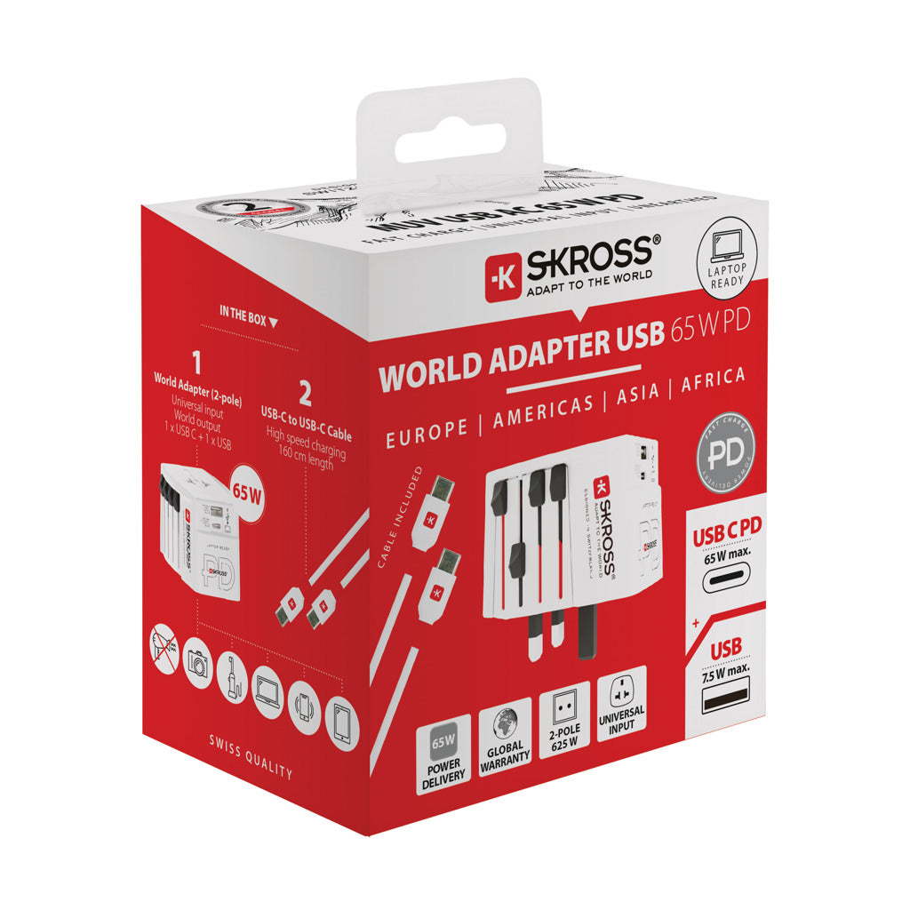 SKROSS World Travel Adapter MUV 65W PD with USB C Cable - White