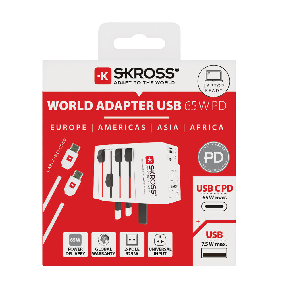 SKROSS World Travel Adapter MUV 65W PD with USB C Cable - White