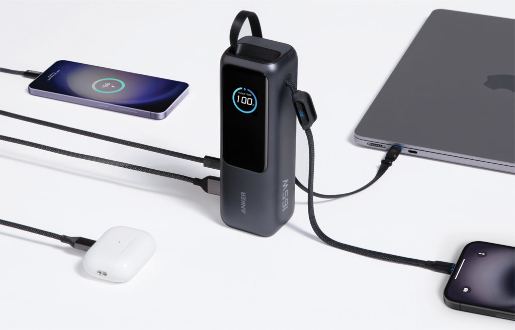 Anker Power Bank 25.000 mah 165W, Built-in retractable cable - Grey